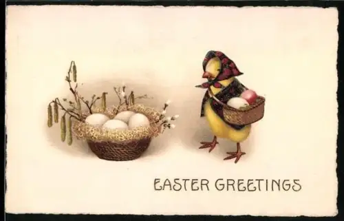 AK Vermenschlichtes Osterküken trägt Ostereier in einem Körbchen