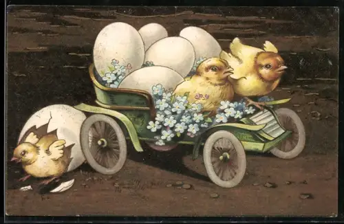 AK Osterküken fahren mit einem Auto