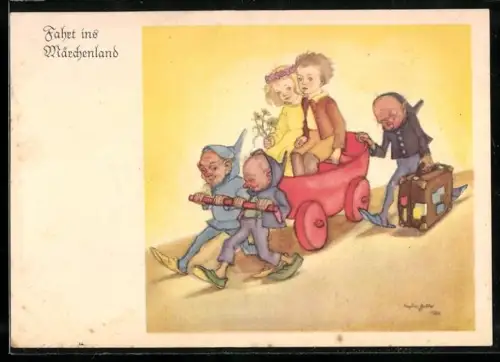 Künstler-AK Zwerge fahren zwei Kinder in einer Kutsche umher, Fahrt ins Märchenland