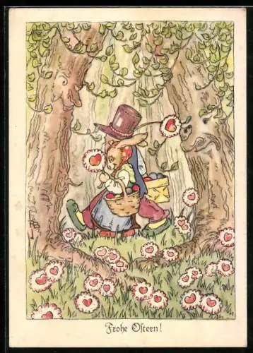 AK Osterhasen-Paar spaziert durch einen Wald