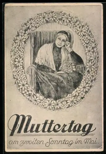 Künstler-AK A. Schlaffke: Muttertag am zweiten Sonntag im Mai, Mutter im Blumenrahmen