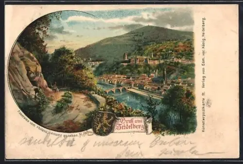 Künstler-AK Heinrich Hoffmann: Heidelberg, Teilansicht mit Brücke