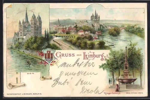 Lithographie Limburg /Lahn, Dom, Kriegerdenkmal, Ortsansicht, Wappen
