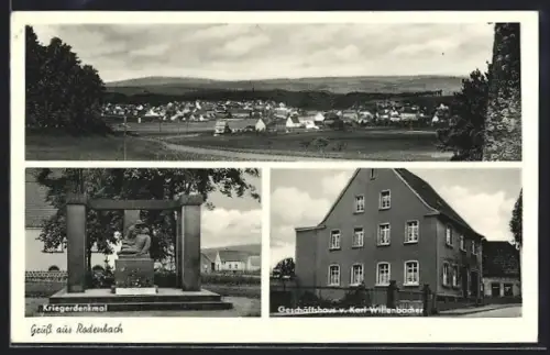 AK Rodenbach, Geschäftshaus v. Karl Wittenbacher, Kriegerdenkmal