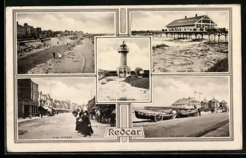 AK Redcar, High Street, the sands, rough sea, and the pier