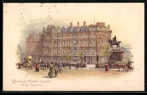 Lithographie Leeds, Queen's Hotel, Strassenbahn u. Pferdekutsche