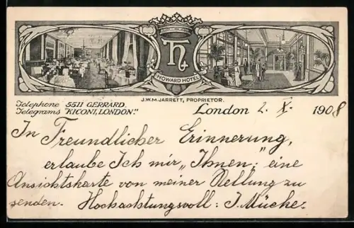 AK London, Advertisement for the Howard Hotel with interior views, Prop. J.W.M. Jarrett