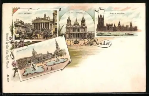 Lithographie London, Royal Exchange, St. Paul`s Cathedral, Houses of Parliament and National Gallery