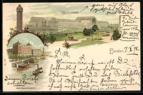 Lithographie London, The Embankment and Crystal Palace