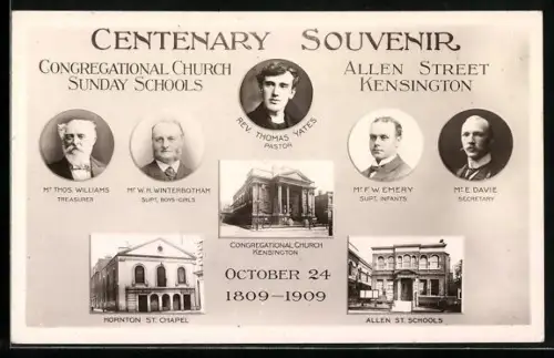AK Kensington, Centenary Congregational Church Sunday Schools 1809-1909, Allen Street, Hornton St. Chapel