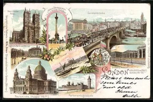 Lithographie London, Londonbrücke, Westminster Abtei, Paulskirche