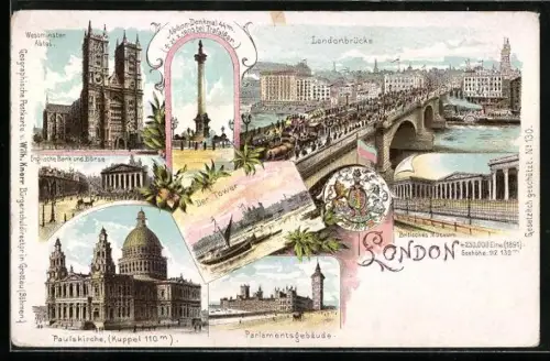 Lithographie London, Londonbrücke, Westminster Abtei, Paulskirche