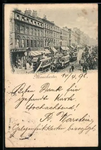 AK Manchester, Strassenpartie mit Strassenbahn