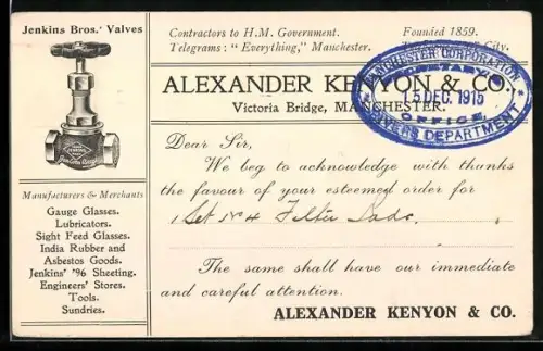 Künstler-AK Manchester, Alexander Kanyon & Co., Victoria Bridge, Jenkins Bros` Valves