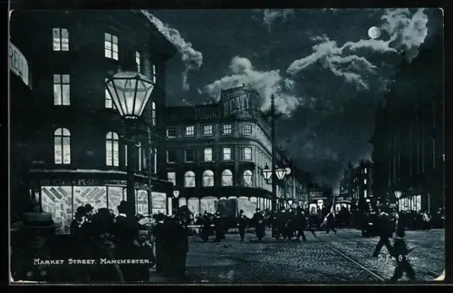 AK Manchester, Market Street, Strassenbahn