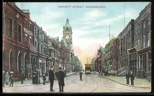 AK Sunderland, Fawcett Street, Strassenbahn