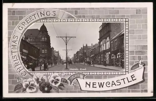 AK Newcastle, Shields Road, Weihnachtsgruss, Passepartout