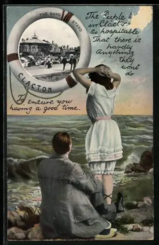 AK Clacton-on-Sea, The Bandstand, Lifebelt, Couple on the Beach