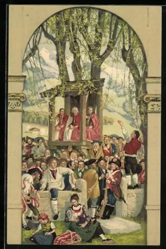 Künstler-AK Schweizer Bundesfeier 1918, Für unsere Soldaten, Predigt unter freiem Himmel
