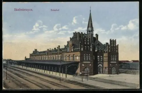 AK Skalmierzyce, Blick nach dem Bahnhof mit Gleisanlagen und Bahnsteig