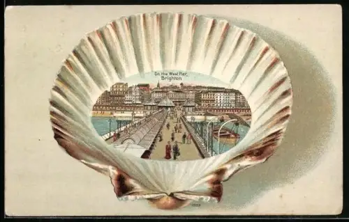 Lithographie Brighton, On the West Pier, sea shell as the photo mount