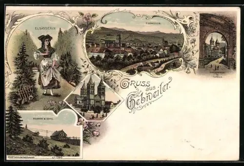 Lithographie Gebweiler, Grüss aus Gebweiler mit Ansichten der Stadt und einer Elsässerin