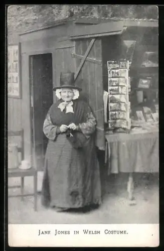 AK Wales, Jane Jones in a welsh costume, selling postcards
