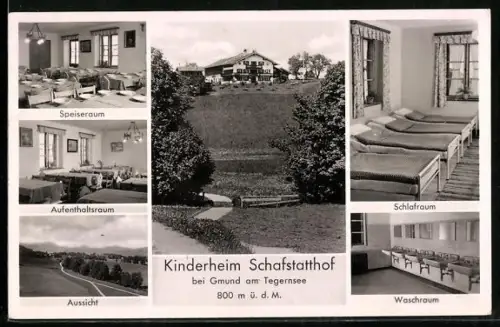 AK Gmund am Tegernsee, Kinderheim Schafstatthof, Speiseraum, Aufenthaltsraum, Schlafraum, Waschraum