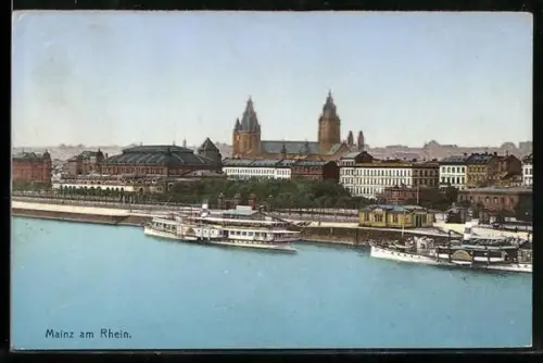 AK Mainz am Rhein, Rheinpanorama mit Schiffsanleger