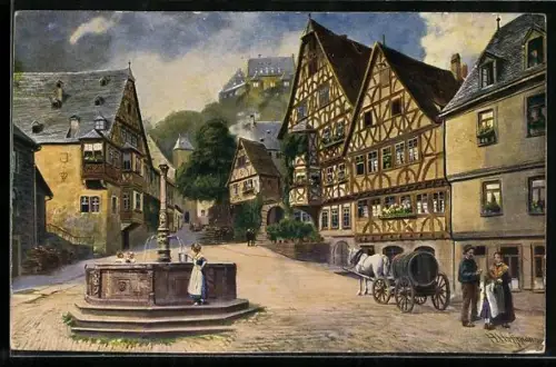 Künstler-AK Miltenberg a. Main, Marktplatz mit Brunnen und Fachwerkhäusern