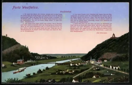 AK Porta Westfalica, Schiffsverkehr, Panorama, Westfalenlied