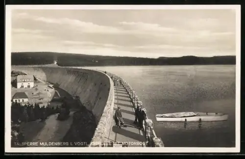 AK Muldenberg i. Vogtl., Talsperre, Staumauer, Motorboot