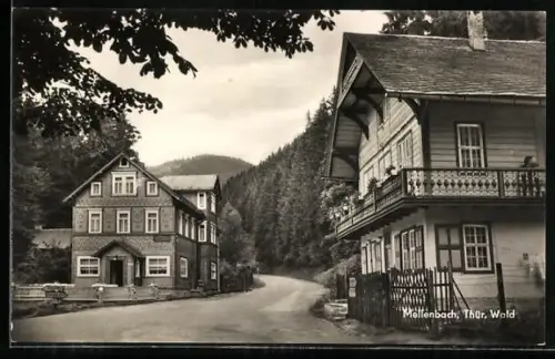 AK Mellenbach /Thür. Wald, Strassenpartie mit Fachwerkhäusern und Wald