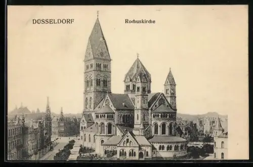 AK Düsseldorf, Rochuskirche mit Strassenpartie