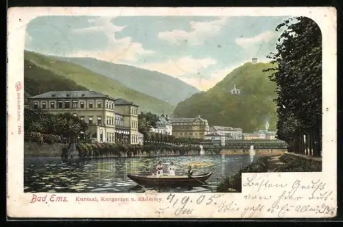 AK Bad Ems, Kursaal, Kurgarten, Bäderley, Ruderboot mit Leuten