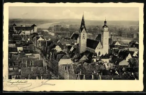AK Ingolstadt, Teilansicht mit Kirche und Strassenpartie