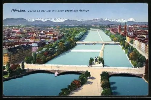 AK München, Partie an der Isar mit Blick gegen das Gebirge