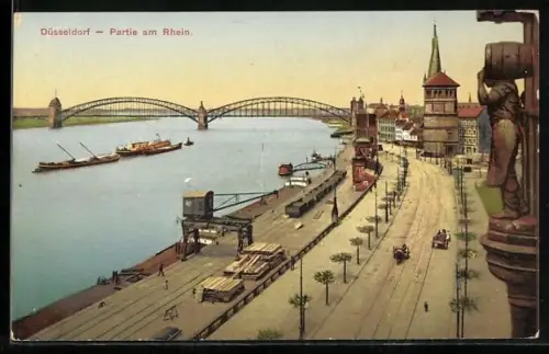 AK Düsseldorf, Partie am Rhein, Blick zur Rheinbrücke