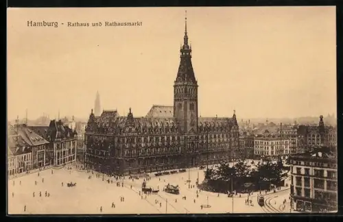 AK Hamburg, Rathaus und Rathausmarkt mit Strassenbahn