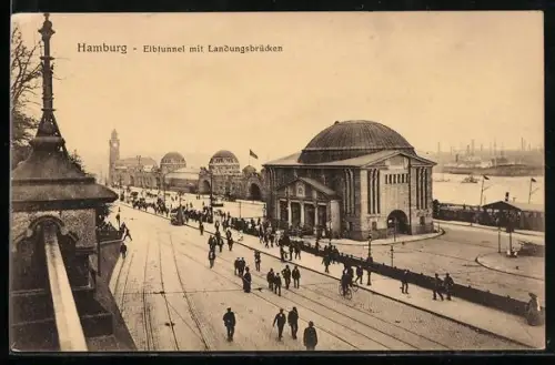 AK Hamburg-St.Pauli, Elbtunnel mit Landungsbrücken