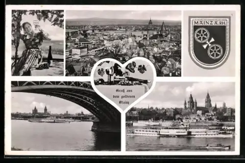 AK Mainz a. Rh., Uferpartie mit Dampfer, Brücke, Frau trinkt Wein