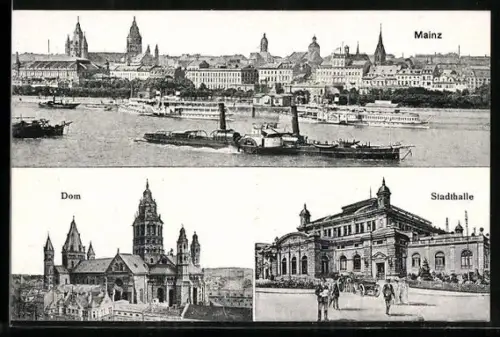 AK Mainz, Dom, Stadthalle, Totalansicht vom Wasser aus mit Dampfschiffen