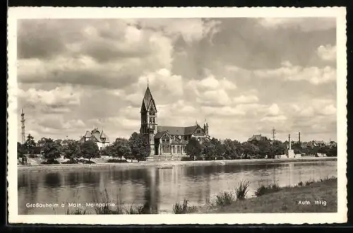 AK Grossauheim a. Main, Mainpartie mit Kirche
