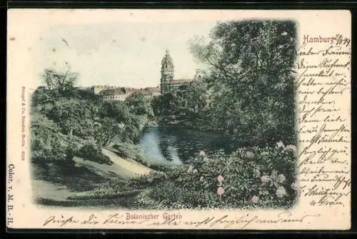 AK Hamburg-St.Pauli, Botanischer Garten, Gewässerpartie mit Turmblick