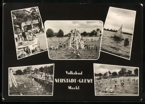 AK Neustadt-Glewe /Meckl., Volksbad, Cafe, Wasserrutsche, Segelboot