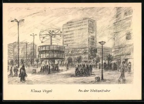 Künstler-AK Berlin, An der Weltzeituhr, Alexanderplatz