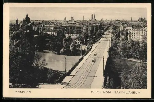AK München, Strassenpartie mit Strassenbahn vom Maximilianeum aus