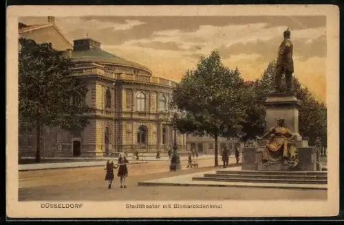 AK Düsseldorf, Stadttheater mit Bismarckdenkmal