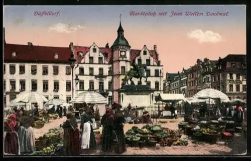 AK Düsseldorf, Marktplatz mit Gasthaus und Jean Wellem Denkmal