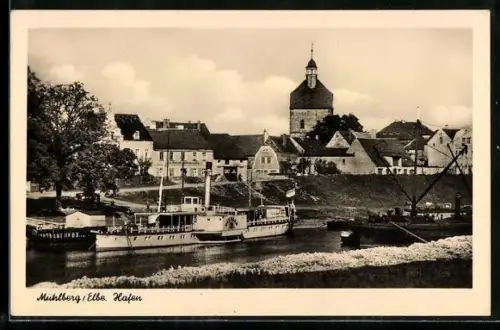 AK Mühlberg, Ankerndes Dampfschiff im Hafen